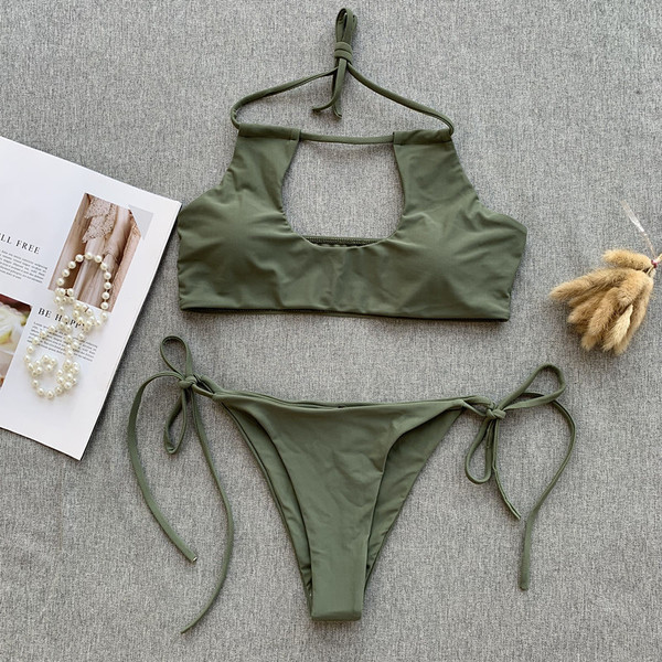 Модерен бански костюм от две части с връзки в зелен цвят