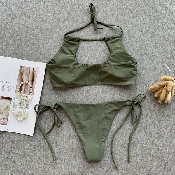 Модерен бански костюм от две части с връзки в зелен цвят