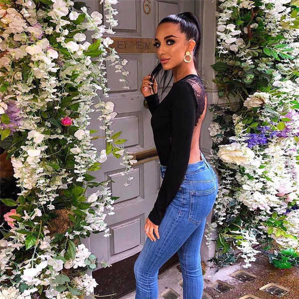 Актуално дамско боди с дантела и гол гръб в черен цвят