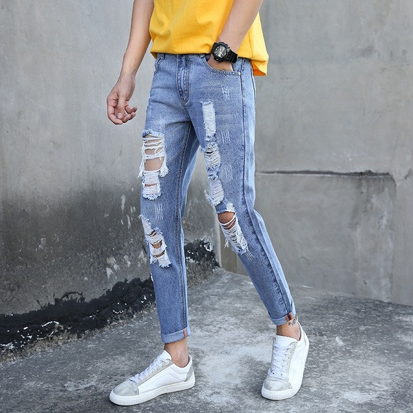 Blugi de bărbați moderni de culoare albastră cu motive rupte