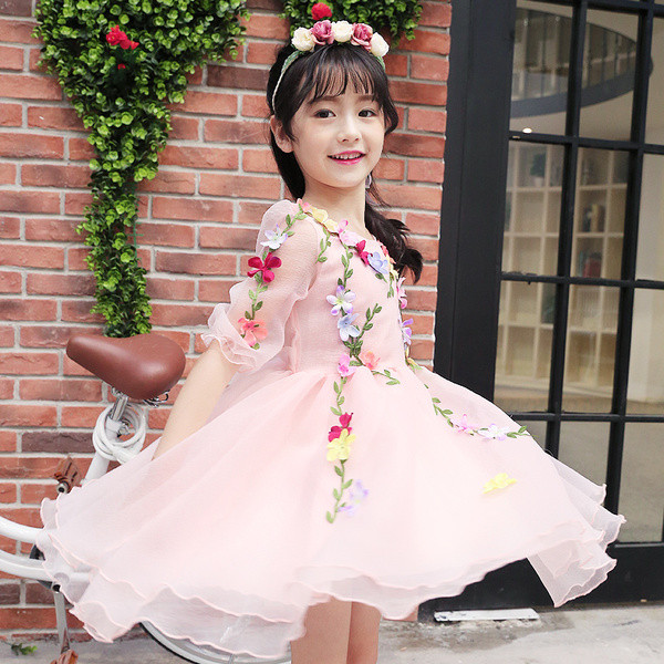 Rochie eleganta pentru copii cu broderie in roz si albastru