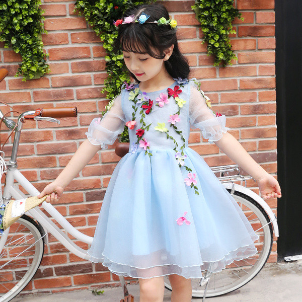 Rochie eleganta pentru copii cu broderie in roz si albastru