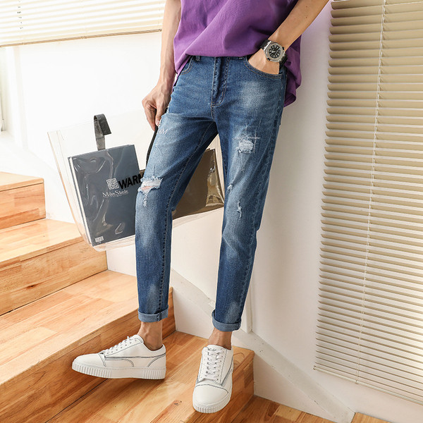 Blugi moderni pentru bărbați cu motive rupte și emblemă