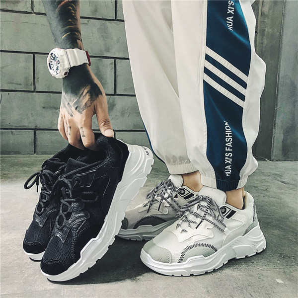 Adidasi moderni pentru barbati cu talpa inalta in negru, alb si maro