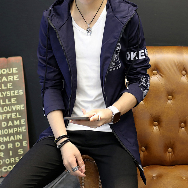 Jachetă lungă de primăvară pentru bărbați, cu inscripții și glugă