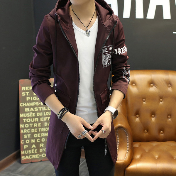 Jachetă lungă de primăvară pentru bărbați, cu inscripții și glugă