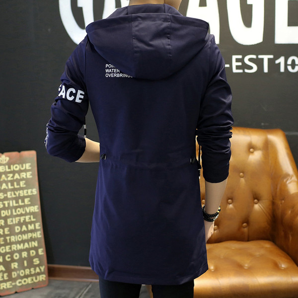 Jachetă lungă de primăvară pentru bărbați, cu inscripții și glugă