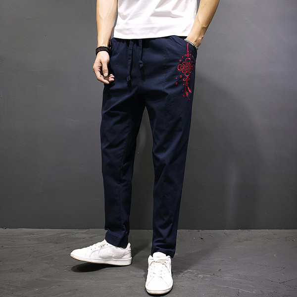 Μακρύ ανδρικά παντελόνια με κορδόνια και κεντήματα σε τρία χρώματα