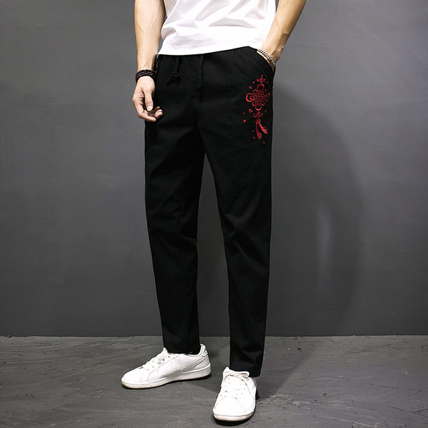 Μακρύ ανδρικά παντελόνια με κορδόνια και κεντήματα σε τρία χρώματα