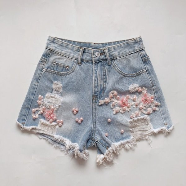 Blugi de dama moderni cu perle si motive rupte