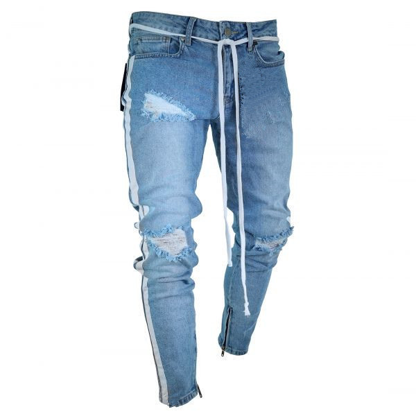 Modern férfi farmer szakadt motívumokkal, világoskék színű kapcsolattal