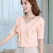 Cămașă de damă elegantă pentru vară cu mâneci scurte și decolteu în V în trei culori