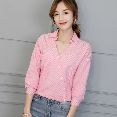 Cămașă de damă în dungi model NOU modern cu închidere asimetrică în negru și albastru