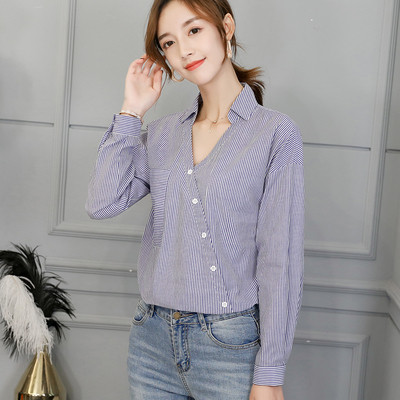 Cămașă de damă în dungi model NOU modern cu închidere asimetrică în negru și albastru