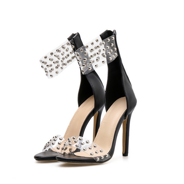 Sandale de dama actuale cu toc inalt in doua culori si curea transparenta