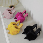 Κομψές γυναικείες παντόφλες με υψηλό τακούνι και χνούδι σε διάφορα χρώματα