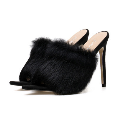 Κομψές γυναικείες παντόφλες με υψηλό τακούνι και χνούδι σε διάφορα χρώματα