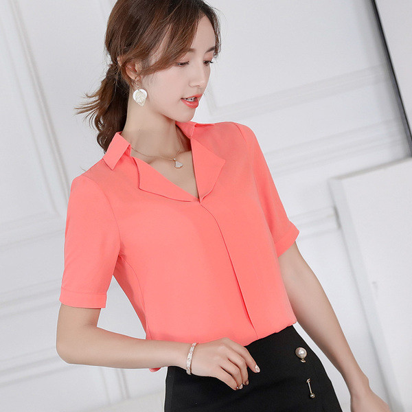 Cămașă elegantă de damă fără nasturi cu mâneci scurte în roșu, albastru, alb și roz