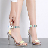 Sandale de dama moderne cu toc inalt transparent in negru si argintiu