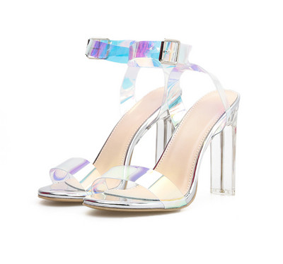 Sandale de dama moderne cu toc inalt transparent in negru si argintiu