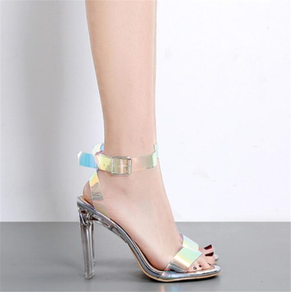 Sandale de dama moderne cu toc inalt transparent in negru si argintiu