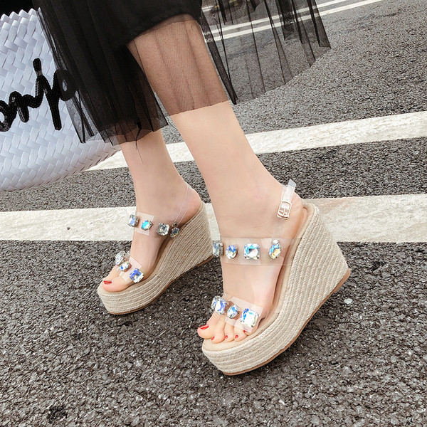 Sandale de dama elegante cu platforma si bretele transparente cu pietre