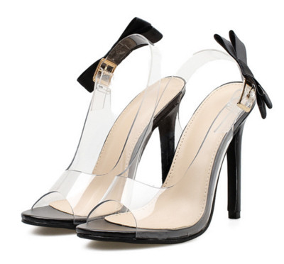 Pantofi eleganti de dama, cu curea transparenta si element 3D in negru