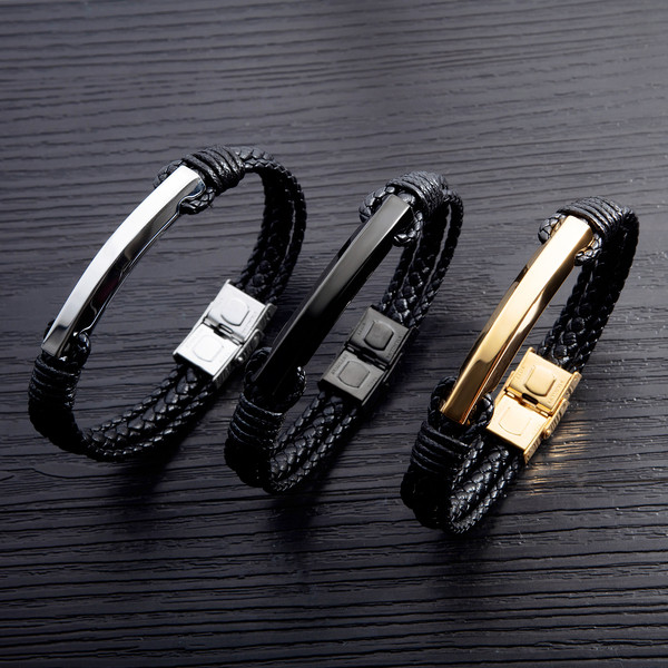 Eko bőrből készült modern férfi karkötő fém elemmel