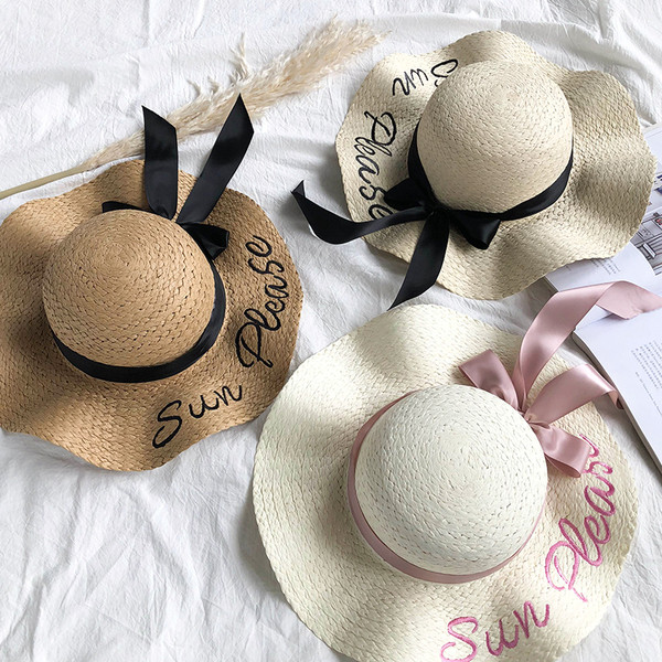 Μοντέρνο καλοκαιρινό καπέλο με επιγραφή και σατέν κορδέλα σε διάφορα χρώματα