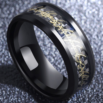 Модерен мъжки пръстен в черен цвят с надпис