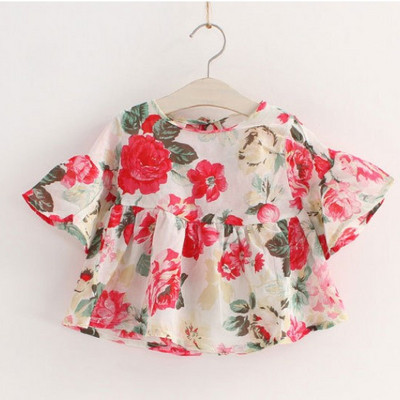 Модерна детска блуза за момичета с флорални мотиви и лотос ръкав в два цвята 