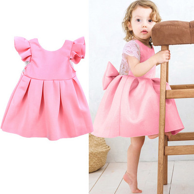 Стилна детска рокля в розов и син цвят с панделка и дантела