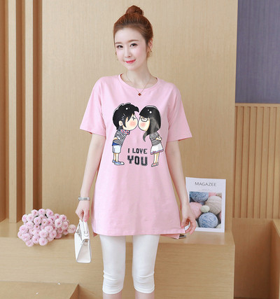 Terhes nőknek szánt póló fehér és rózsaszín rátéttel