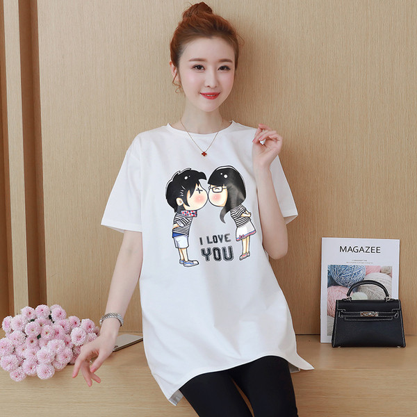 Terhes nőknek szánt póló fehér és rózsaszín rátéttel