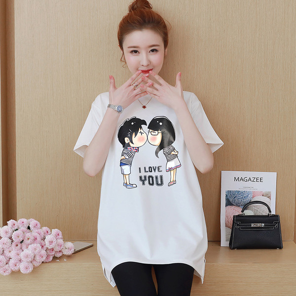 Terhes nőknek szánt póló fehér és rózsaszín rátéttel