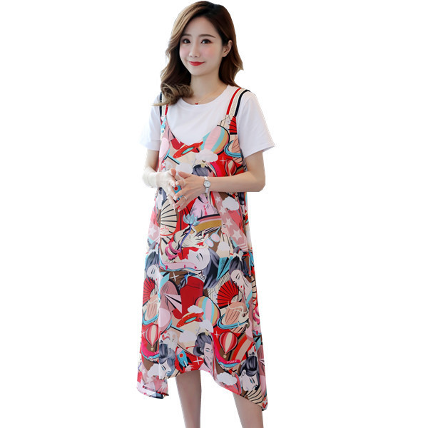 Μοντέρνο σετ για έγκυες γυναίκες - λευκό μπλουζάκι και φόρεμα