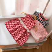 Rochie moderna pentru copii in carouri in trei culori cu dantela