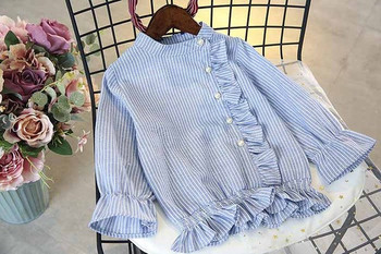 Μοντέρνο παιδικό πουκάμισο για κορίτσια σε μπλε χρώμα με πέρλες