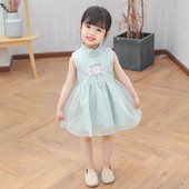 Μοντέρνο παιδικό φόρεμα σε μπλε και ροζ χρώμα με κεντήματα