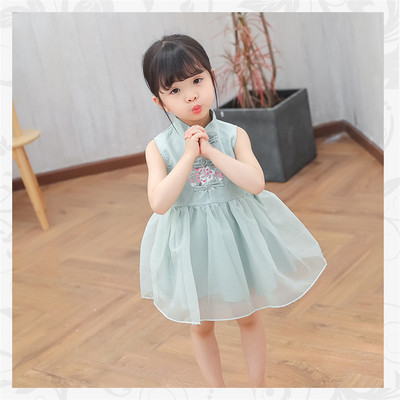 Μοντέρνο παιδικό φόρεμα σε μπλε και ροζ χρώμα με κεντήματα