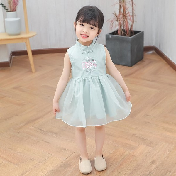 Μοντέρνο παιδικό φόρεμα σε μπλε και ροζ χρώμα με κεντήματα