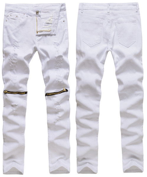 Modern férfi farmer fehér és piros színben, szakadt motívumokkal és cipzárral