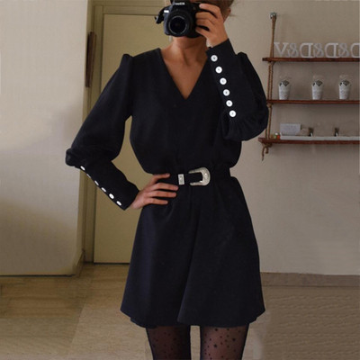 Stílusos női ruha V-nyakkal, három színben, hosszú ujjal