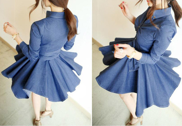 Модерна дамска дънкова рокля разкроен модел с панделка 