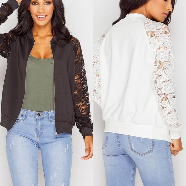 Пролетно дамско яке с дантелени ръкави в черен и бял цвят