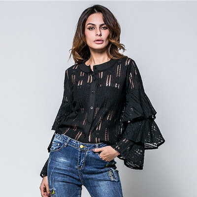 Stílusos női ing lótusz ujjú fekete, fehér és zöld színben