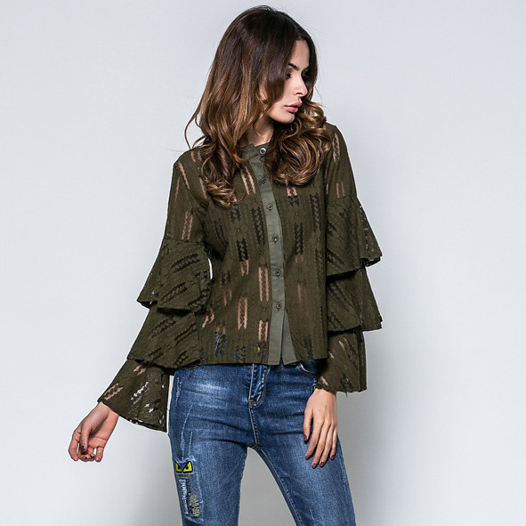 Stílusos női ing lótusz ujjú fekete, fehér és zöld színben