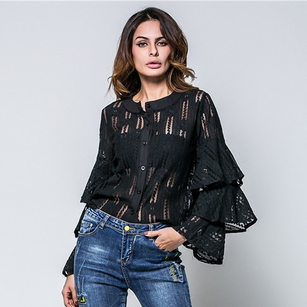 Stílusos női ing lótusz ujjú fekete, fehér és zöld színben