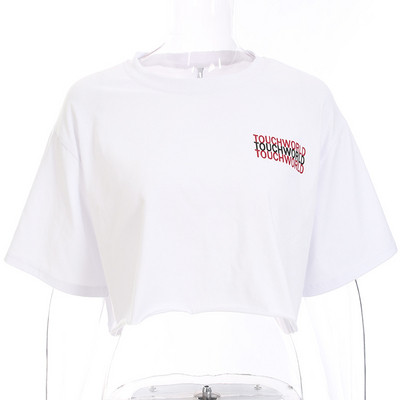 Σύντομη γυναικεία μπλούζα με λευκή εκτύπωση