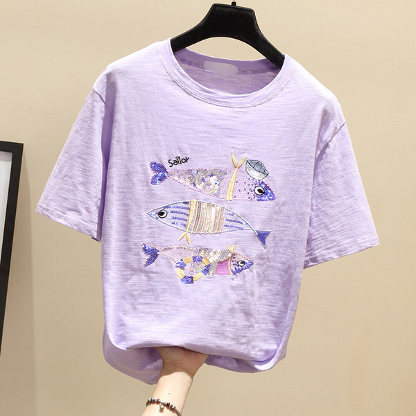 Μοντέρνο γυναικείο μπλουζάκι με λευκό, μοβ και ροζ χρώμα